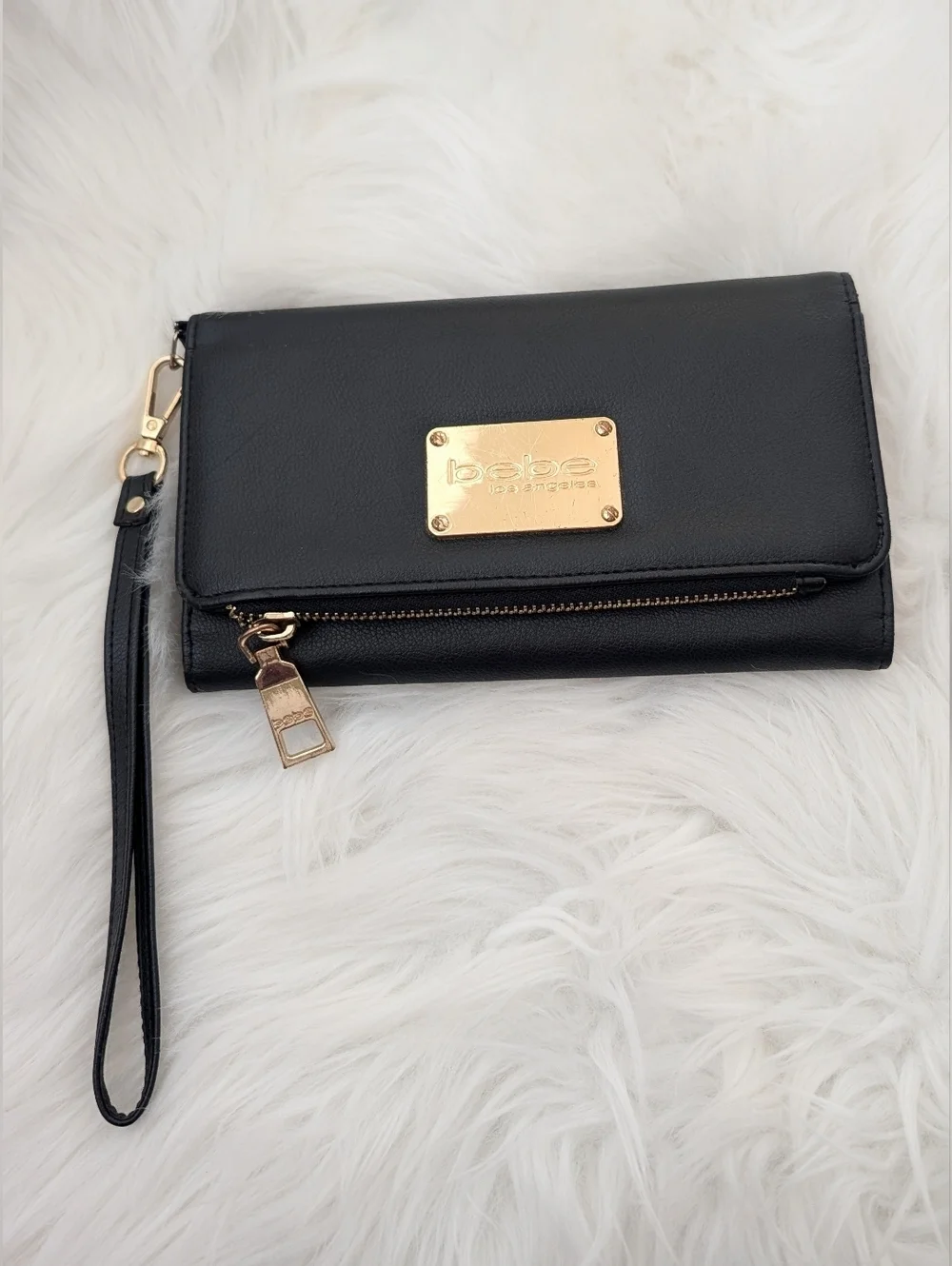 bebe Black Faux Leather Wristlet Wallet with Gold Plate